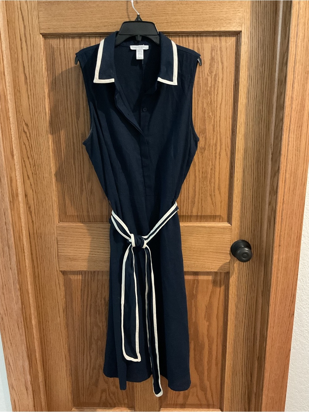London Times Navy Sleeveless Linen Blend Shirt Dress with Belt – Women’s US 14